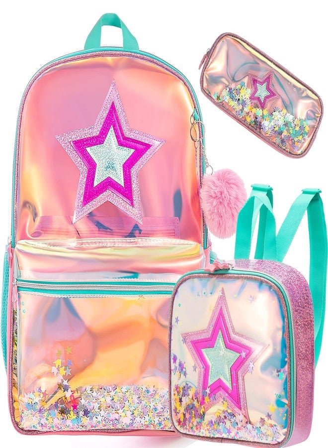 Meetbelify Backpack for gilrs 16'' backpacks for elementary preschool students sequin school cute backpack with lunch box for girls ?, pink star bag - Image 1