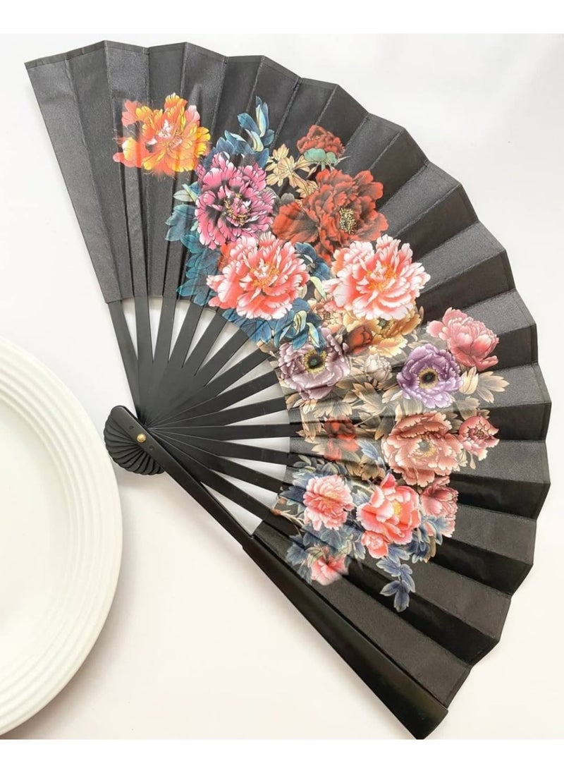 Generic Hand Fan High Quality of Durable Plastic, Leather Double-Sided Folding Flower Pattern Easy to Carry for Weddings, Party Favors, Performances, Dances, Home Decorations, Festivals, Gifts (Black)  - Image 1