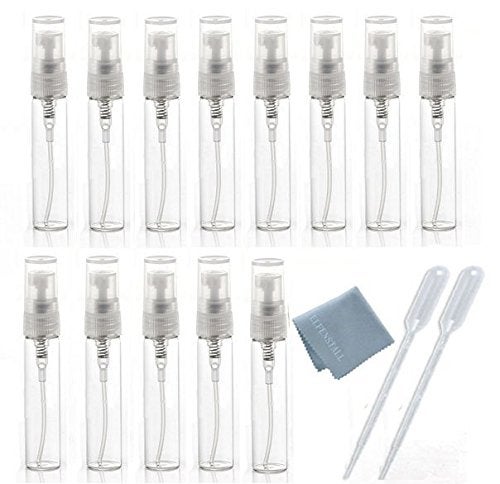 Elfenstal 10pcs Mini Clear 5ml 16OZ Atomizer Fine Mist Empty Glass Bottle Spray Refillable Fragrance Perfume Scent Sample Bottle 1pc Clean Cloth for Travel Party Makeup Tool 2pcs 3ml Free Pipette