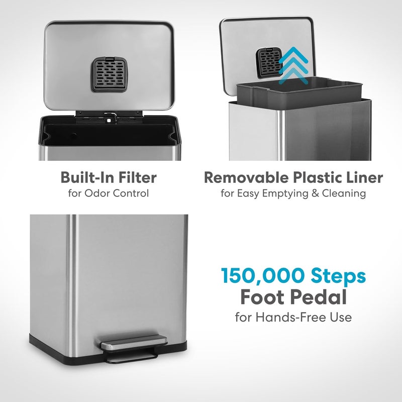 SIMPLI-MAGIC 50 Liter / 13.2 Gallon Soft-Close, Smudge Resistant Trash Can with Foot Pedal and Built in Filter- Stainless Steel, Sleek Finish - Image 4