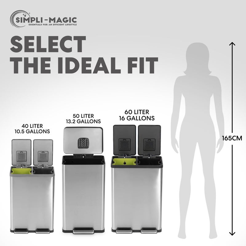 SIMPLI-MAGIC 50 Liter / 13.2 Gallon Soft-Close, Smudge Resistant Trash Can with Foot Pedal and Built in Filter- Stainless Steel, Sleek Finish - Image 3
