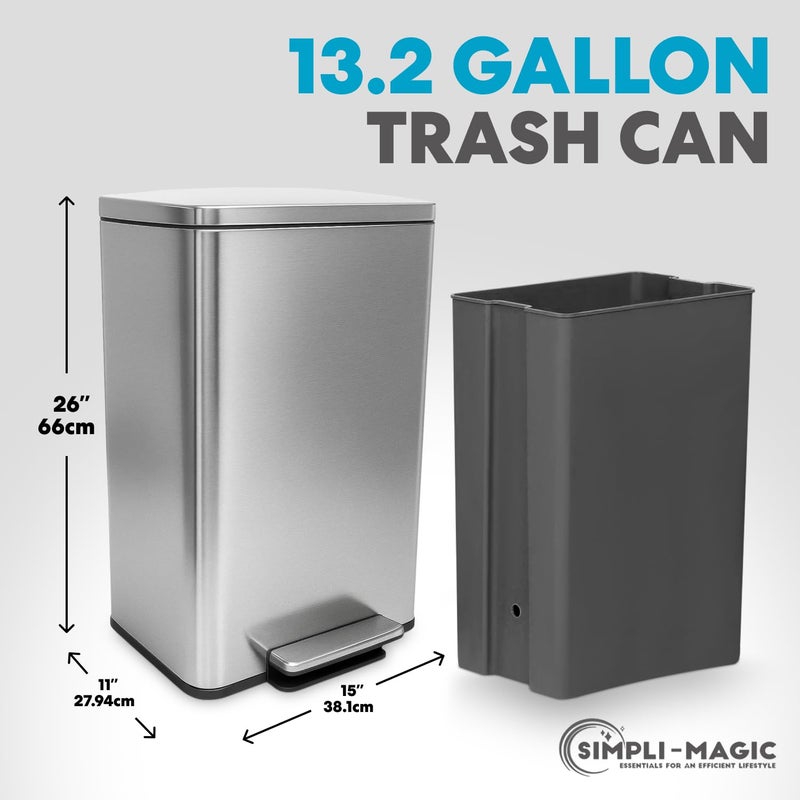 SIMPLI-MAGIC 50 Liter / 13.2 Gallon Soft-Close, Smudge Resistant Trash Can with Foot Pedal and Built in Filter- Stainless Steel, Sleek Finish - Image 2