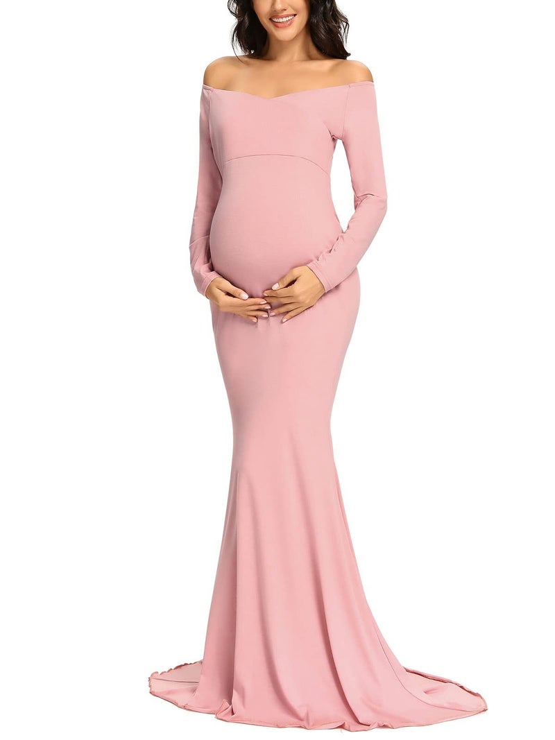 Ecavus Women's Off Shoulder Maternity Dress Slim Cross-Front V Neck Long Sleeve Gowns for Photoshoot - Image 1
