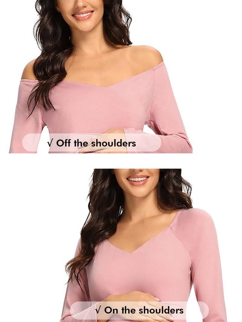 Ecavus Women's Off Shoulder Maternity Dress Slim Cross-Front V Neck Long Sleeve Gowns for Photoshoot - Image 4