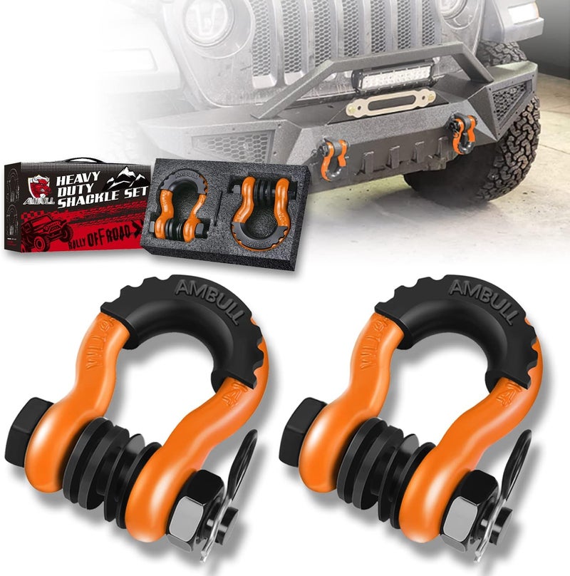 AMBULL Shackles 3/4 Inch D Ring Shackle (2 Pack) 45,000lb Break Strength with 7/8 Inch Pin, Isolator and Washer Kits for Use with Tow Strap, Winch, Off-Road Jeep Truck Vehicle Recovery, Orange - Image 1