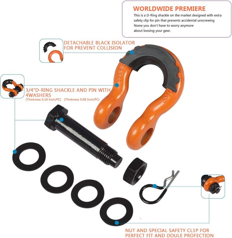 AMBULL Shackles 3/4 Inch D Ring Shackle (2 Pack) 45,000lb Break Strength with 7/8 Inch Pin, Isolator and Washer Kits for Use with Tow Strap, Winch, Off-Road Jeep Truck Vehicle Recovery, Orange - Image 5
