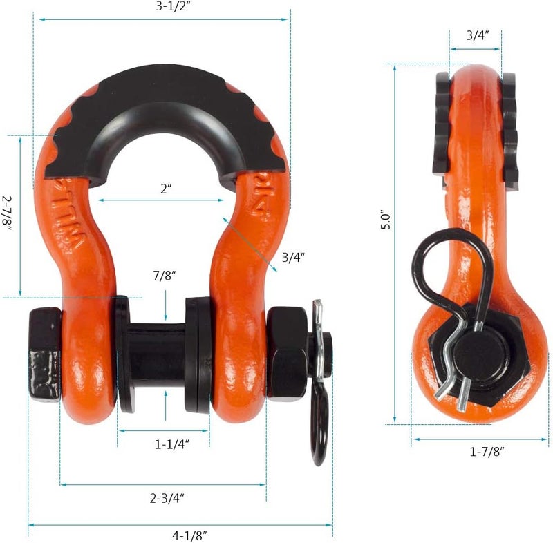AMBULL Shackles 3/4 Inch D Ring Shackle (2 Pack) 45,000lb Break Strength with 7/8 Inch Pin, Isolator and Washer Kits for Use with Tow Strap, Winch, Off-Road Jeep Truck Vehicle Recovery, Orange - Image 3