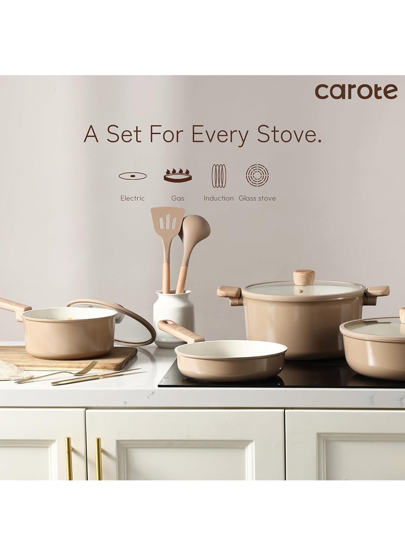 9 piece Aluminum Cookware Set, Non-Stick, PFOA/PFOS free, Induction and Dishwasher Safe, 1x24cm Friying Pan, 1x28cm Frying Pan, 1x18cm Saucepan with Lid, 1x28cm Deep Frypan with Lid, 1x24cm Casserole with Lid, 1x Egg Pan, Ivory