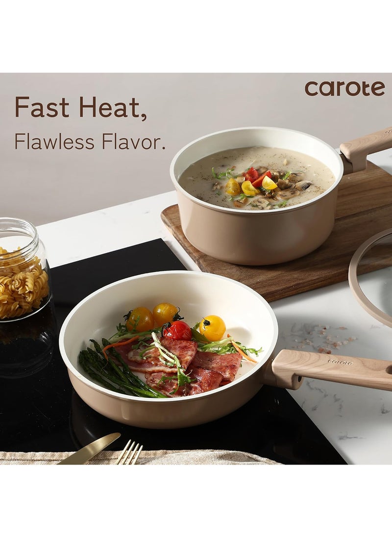 9 piece Aluminum Cookware Set, Non-Stick, PFOA/PFOS free, Induction and Dishwasher Safe, 1x24cm Friying Pan, 1x28cm Frying Pan, 1x18cm Saucepan with Lid, 1x28cm Deep Frypan with Lid, 1x24cm Casserole with Lid, 1x Egg Pan, Ivory