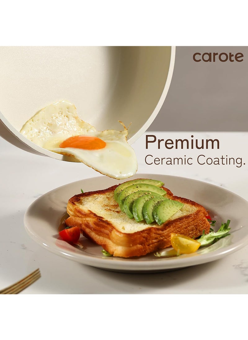 9 piece Aluminum Cookware Set, Non-Stick, PFOA/PFOS free, Induction and Dishwasher Safe, 1x24cm Friying Pan, 1x28cm Frying Pan, 1x18cm Saucepan with Lid, 1x28cm Deep Frypan with Lid, 1x24cm Casserole with Lid, 1x Egg Pan, Ivory
