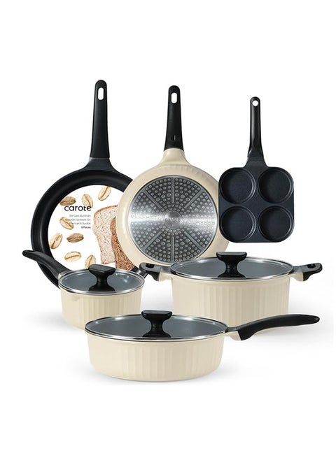 9 piece Aluminum Cookware Set, Non-Stick, PFOA/PFOS free, Induction and Dishwasher Safe, 1x24cm Friying Pan, 1x28cm Frying Pan, 1x18cm Saucepan with Lid, 1x28cm Deep Frypan with Lid, 1x24cm Casserole with Lid, 1x Egg Pan, Ivory