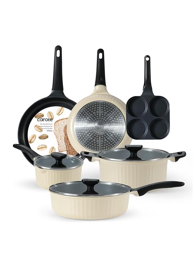 CAROTE 9 piece Aluminum Cookware Set, Non-Stick, PFOA/PFOS free, Induction and Dishwasher Safe, 1x24cm Friying Pan, 1x28cm Frying Pan, 1x18cm Saucepan with Lid, 1x28cm Deep Frypan with Lid, 1x24cm Casserole with Lid, 1x Egg Pan, Ivory - Image 1