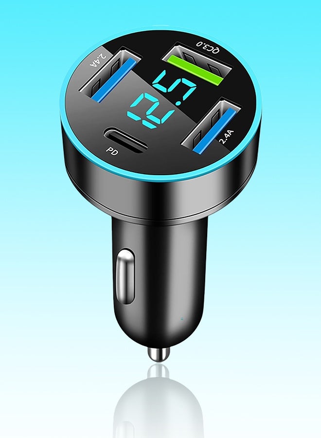 Car Charger Adapter, 4-Port Cigarette Lighter USB Charger Adapter with Voltmeter PD 3.0 & QC 3.0 Car USB Charger Multi Port Accessories Fast Charging for iPhone, Samsung, iPad & Phone Tablets - Image 1