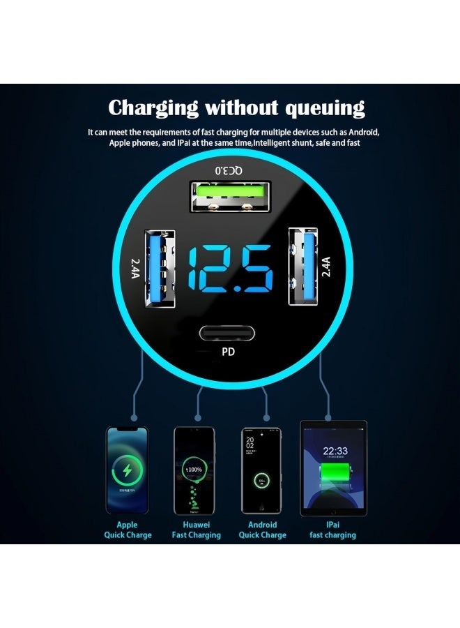 Car Charger Adapter, 4-Port Cigarette Lighter USB Charger Adapter with Voltmeter PD 3.0 & QC 3.0 Car USB Charger Multi Port Accessories Fast Charging for iPhone, Samsung, iPad & Phone Tablets - Image 5