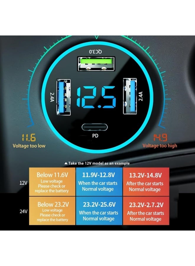 Car Charger Adapter, 4-Port Cigarette Lighter USB Charger Adapter with Voltmeter PD 3.0 & QC 3.0 Car USB Charger Multi Port Accessories Fast Charging for iPhone, Samsung, iPad & Phone Tablets - Image 3