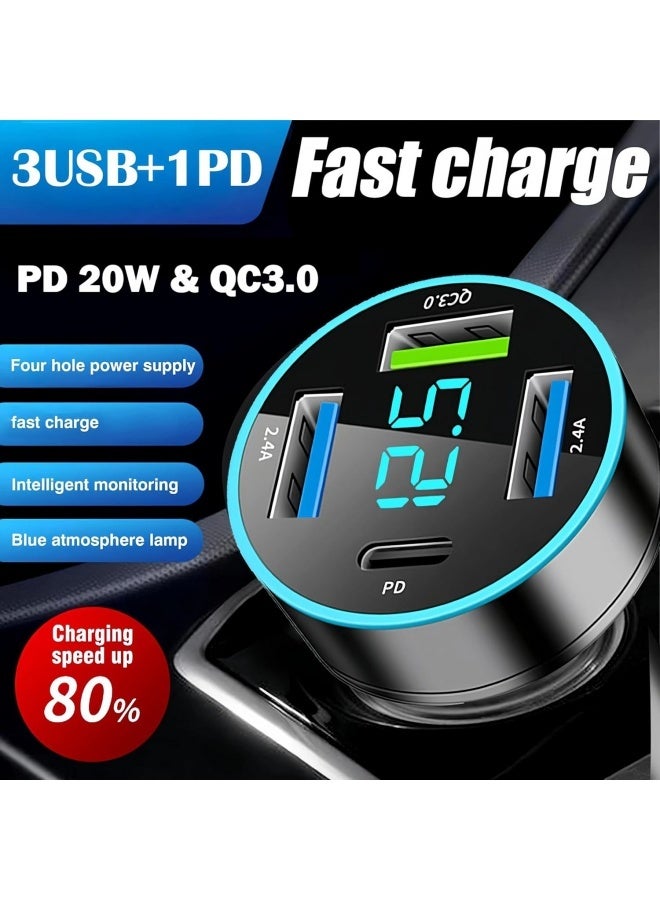 Car Charger Adapter, 4-Port Cigarette Lighter USB Charger Adapter with Voltmeter PD 3.0 & QC 3.0 Car USB Charger Multi Port Accessories Fast Charging for iPhone, Samsung, iPad & Phone Tablets - Image 2