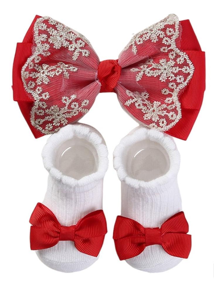 Bambimici Aaliyah Socks & Cute Ribbon Big Bow Headband Set Red - Image 1