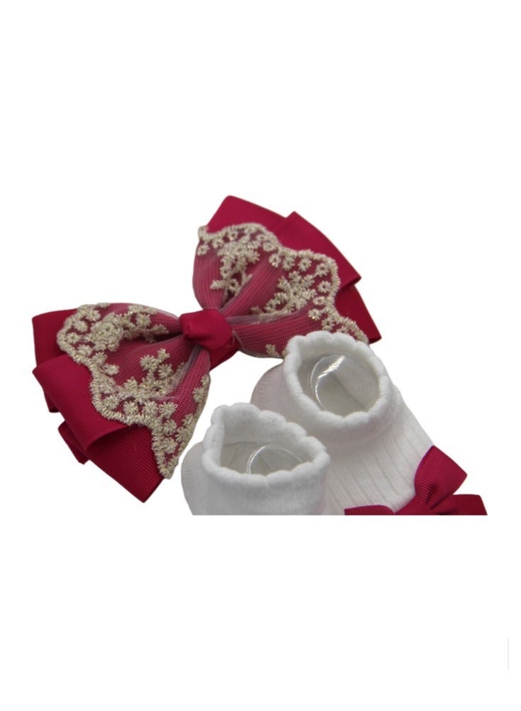 Bambimici Aaliyah Socks & Cute Ribbon Big Bow Headband Set Red - Image 4