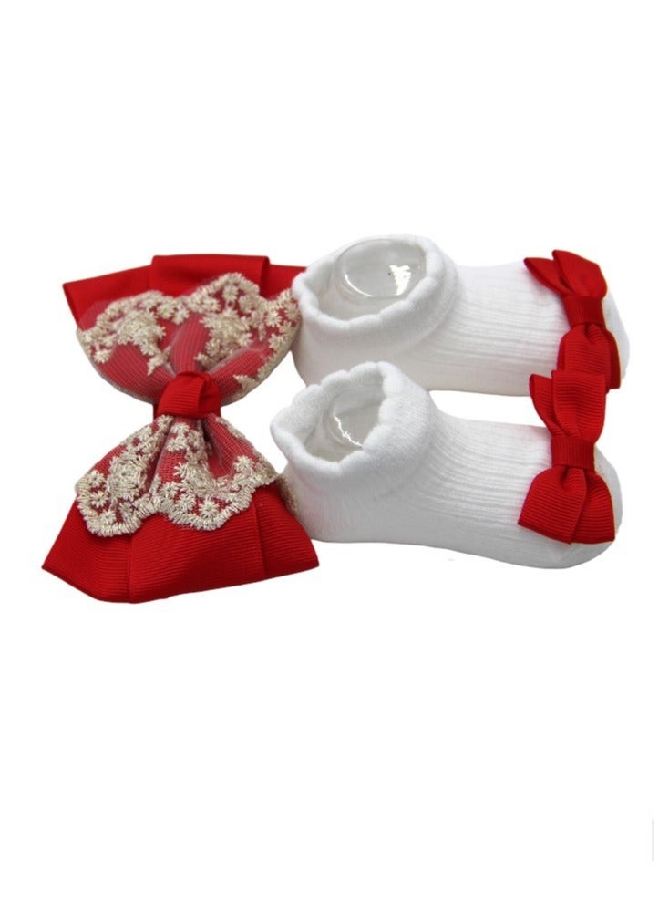 Bambimici Aaliyah Socks & Cute Ribbon Big Bow Headband Set Red - Image 5