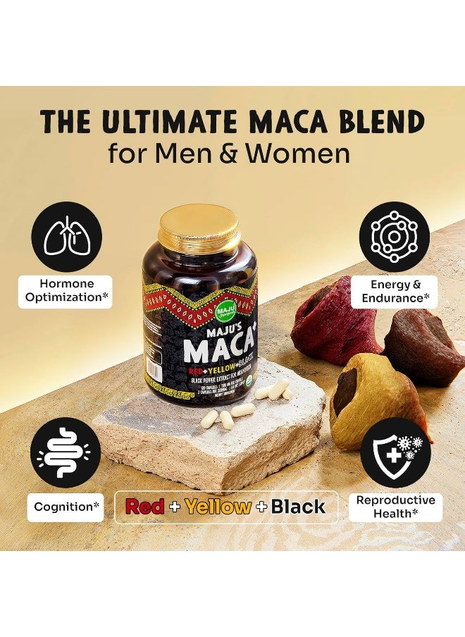 Maju Superfoods Strongest Maca Capsules Root W/Black Pepper Extract For Absorption Roots Powder, Men & Women Supplement, 60000Mg (Black, Orange, Yellow)  - Image 3