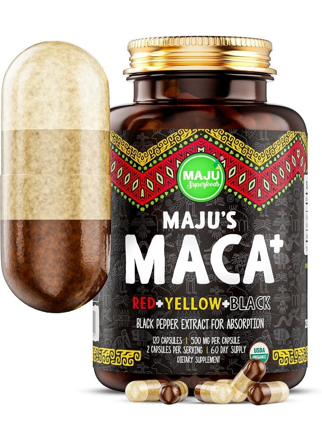 Maju Superfoods Strongest Maca Capsules Root W/Black Pepper Extract For Absorption Roots Powder, Men & Women Supplement, 60000Mg (Black, Orange, Yellow)  - Image 1