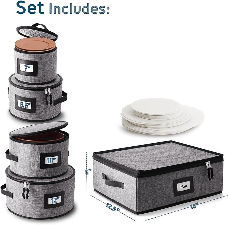 STORAGEBUD Fine China Hard Shell Dish Organizer  5 Piece Stackable Mug and Plate Storage Containers with Dividers for Moving and Seasonal Storage Grey - Image 2