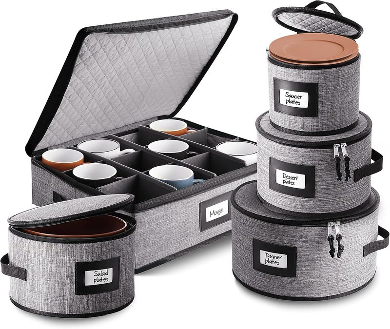 STORAGEBUD Fine China Hard Shell Dish Organizer  5 Piece Stackable Mug and Plate Storage Containers with Dividers for Moving and Seasonal Storage Grey - Image 1