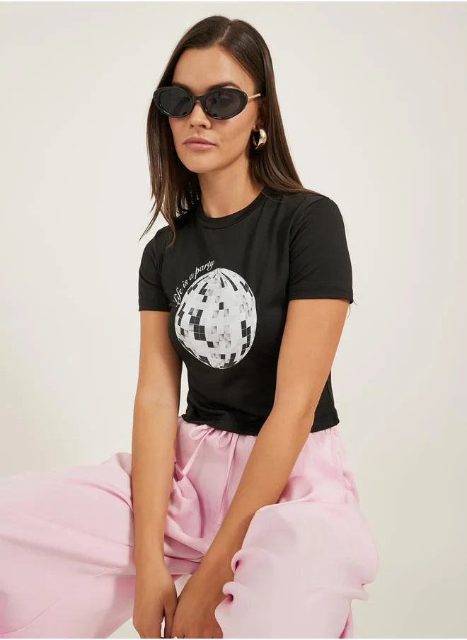 Styli Graphic Print Round Neck Crop T-Shirt