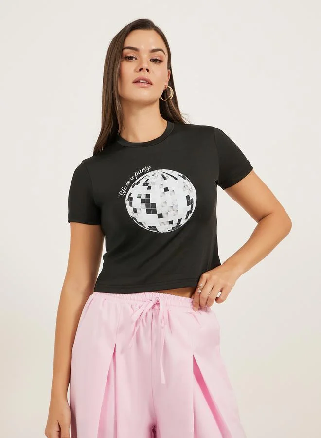 Styli Graphic Print Round Neck Crop T-Shirt