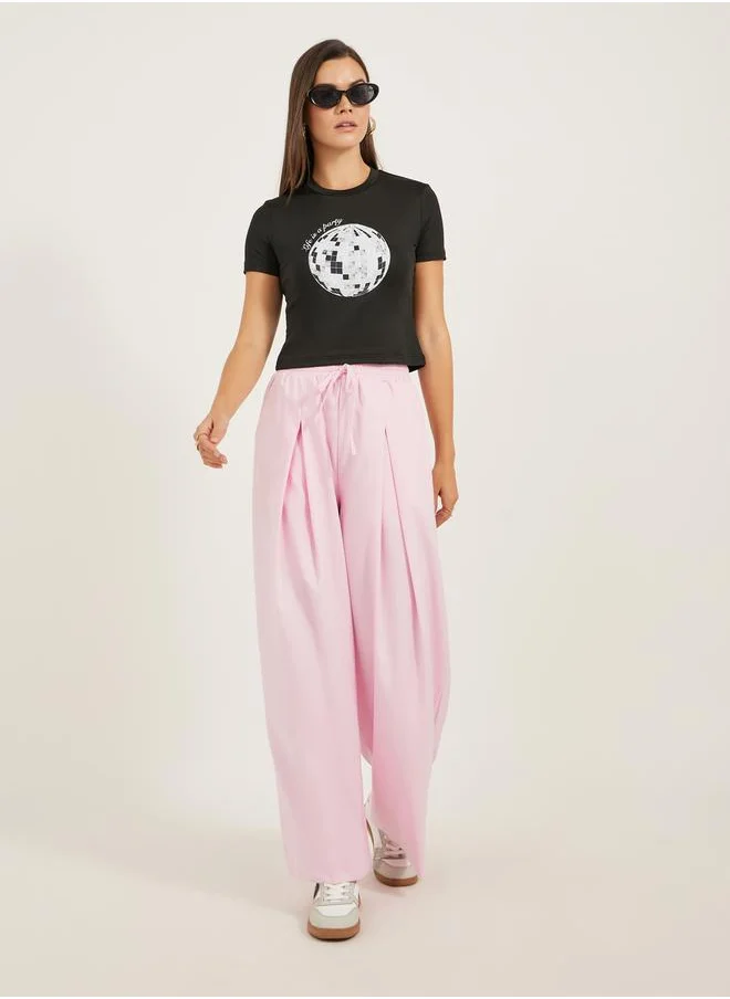 Styli Graphic Print Round Neck Crop T-Shirt