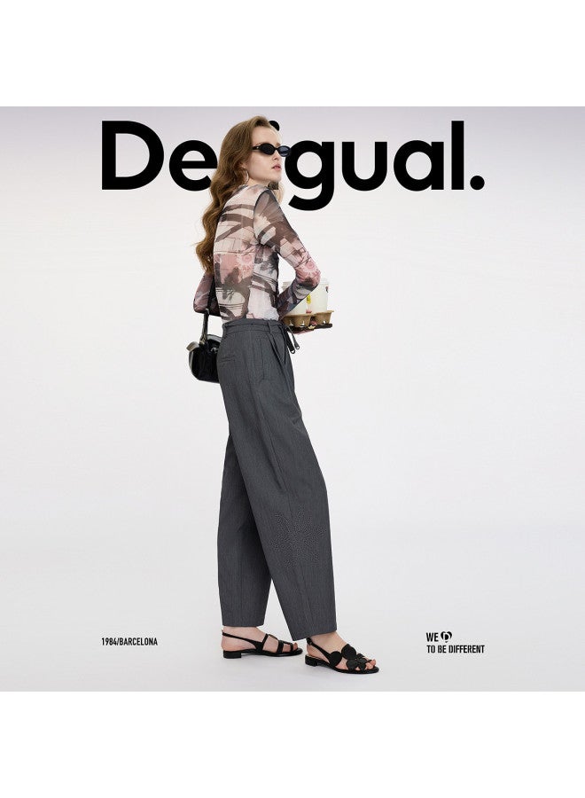 DESIGUAL بنطلون نسائي كاجوال واسع الساق مزين بتطريز زهور مع حزام ss25 - Image 3