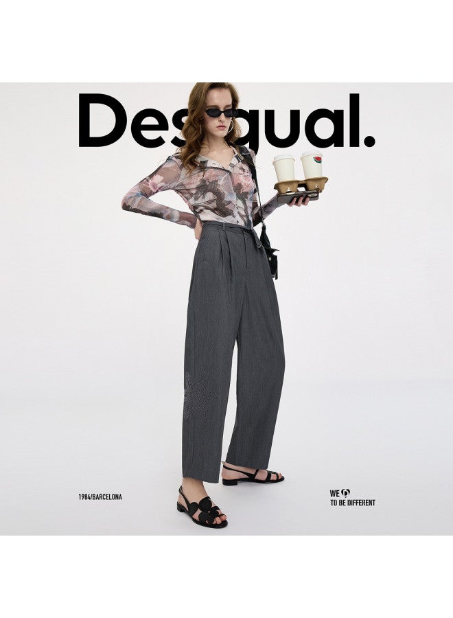DESIGUAL بنطلون نسائي كاجوال واسع الساق مزين بتطريز زهور مع حزام ss25 - Image 4