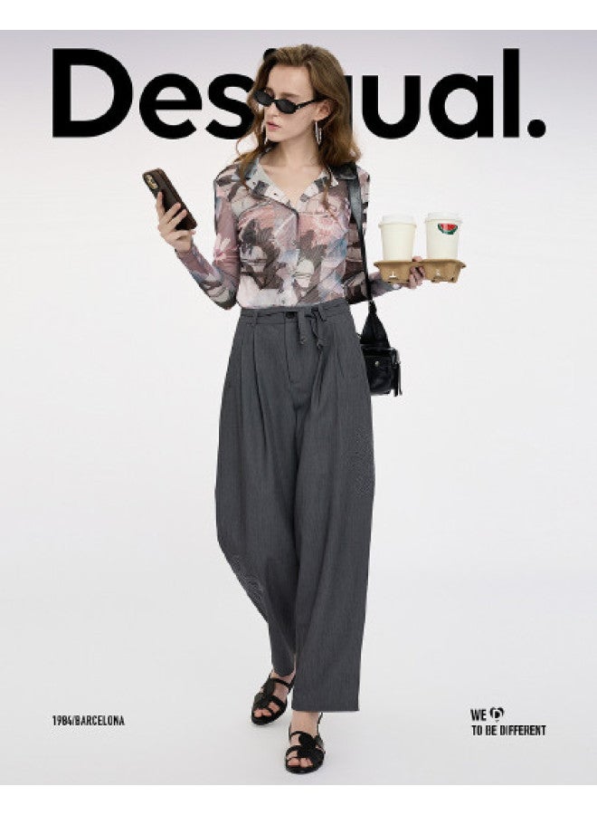 DESIGUAL بنطلون نسائي كاجوال واسع الساق مزين بتطريز زهور مع حزام ss25 - Image 1