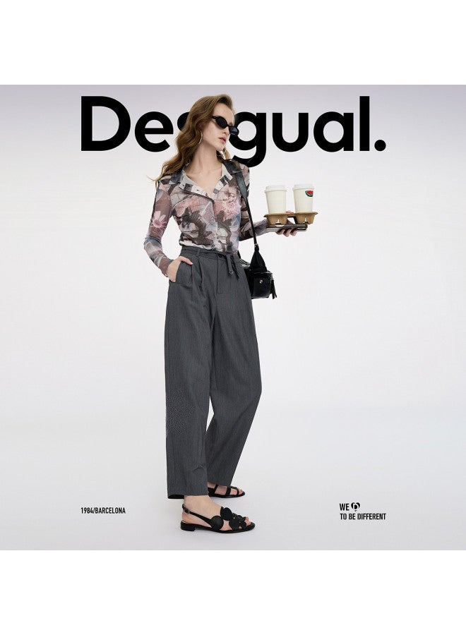 DESIGUAL بنطلون نسائي كاجوال واسع الساق مزين بتطريز زهور مع حزام ss25 - Image 5