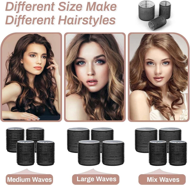 shynek Self Grip Hair Rollers Curlers 16 Pcs Set with 8Pcs Heatless Hair Rollers 2 Sizes (4 Jumbo & 4 Large) and 8 Pcs Hair Clips for Long Medium Short Thick Fine Thin Hair Volume (Black) - Image 3
