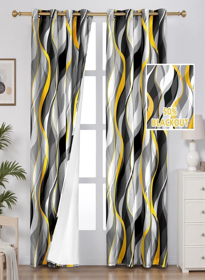 weesire Yellow and Grey Curtains Modern Striped Decorative 50% Light Blocking Darkening Grommet Yellow Curtain for Living Room Villa, Bedroom Gray and White 2 Panels Set, 52x84 Inches - Image 2