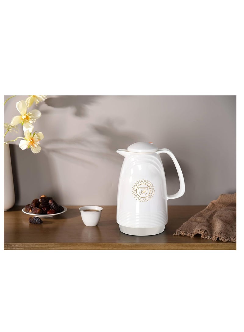 وايندسيرا قارورة بلاستيكية متينة مفرغة من الهواء - زجاج داخلي، جدار مزدوج، مانعة للتسرب - تحافظ على المشروبات ساخنة وباردة لمدة 12 ساعة، تصميم سهل الصب، مثالية للمنزل والمكتب - أبيض - 1 لتر (15 × 15 × 24 سم) - Image 2