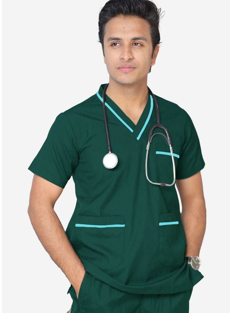 SPACEDOUT Medical Scrub Set | Unisex V Neck Dubai Style Scrub Suit With Turquoise Piping Top Overlap and Elasticated Drawstring Pant | Nursing Uniform Suit  - Image 1
