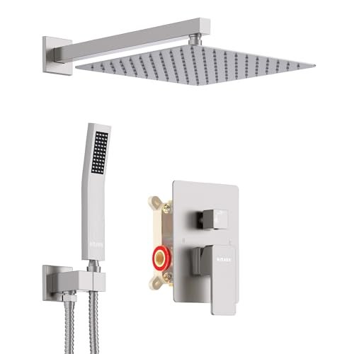 KOJOX Shower System with High Pressure 12 Inch Rainfall Shower Head, Handheld Shower head and Shower Faucet Trim valve, Bathroom Luxury Rain Mixer Shower Set Wall Mounted Brushed Nickel - Image 1