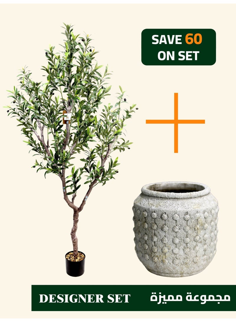 High-Quality Artificial Olive Tree (190cm) with Rounded Textured Cement Planter (30×30cm) – Space-Defining Focal Point for Large Interiors - Image 1