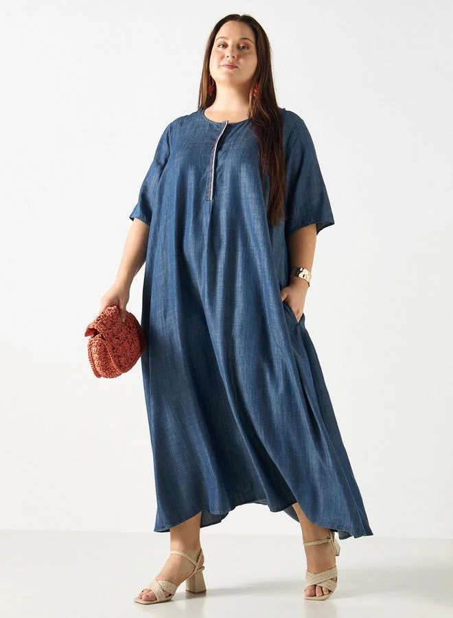 Ulla Popken Plus Size Ulla Popken Maxi Dress with 3/4 Sleeves and Round Neck