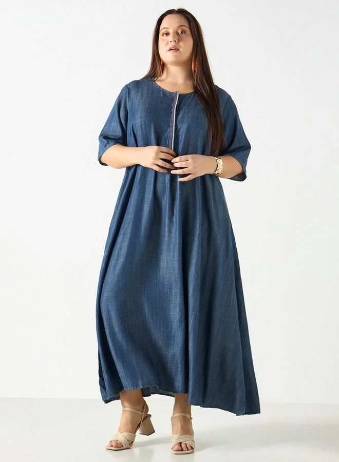 Ulla Popken Plus Size Ulla Popken Maxi Dress with 3/4 Sleeves and Round Neck