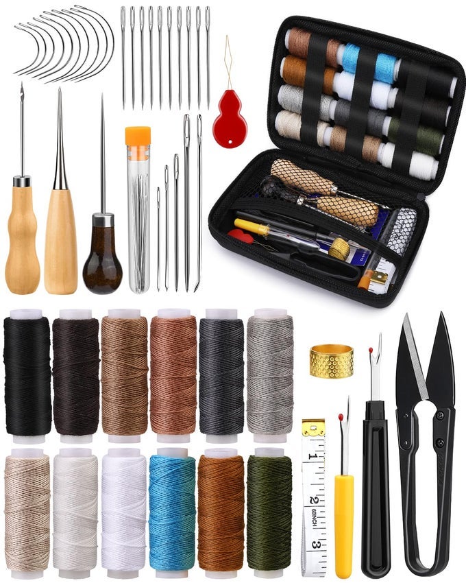 HEAVY DUTY SEWING KIT NEEDLE AND THREAD KIT WITH UPHOLSTERY THREAD NEEDLES SEWING AWL SEAM RIPPER FOR CAR SEATS CARPETS SHOES BACKPACKS DIY CRAFTING
