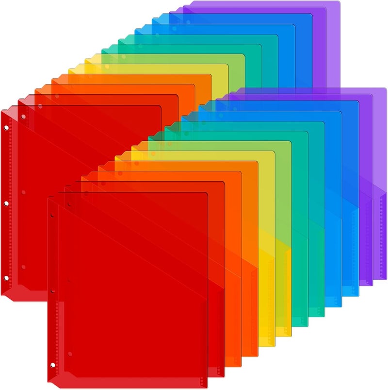 Maitys 30 Pack Binder Pockets 3 Hole Punch Clear Plastic Document Folders Binder Organizer Store Letter Size 8.5x11 Inch Paper Folders with Pockets Slash File Jacket for Office (Rainbow Color) - Image 1