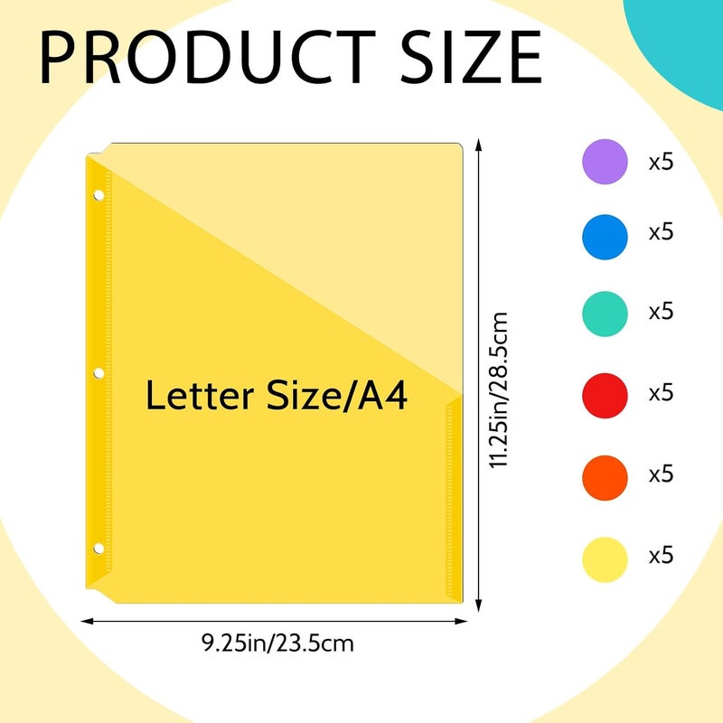 Maitys 30 Pack Binder Pockets 3 Hole Punch Clear Plastic Document Folders Binder Organizer Store Letter Size 8.5x11 Inch Paper Folders with Pockets Slash File Jacket for Office (Rainbow Color) - Image 2