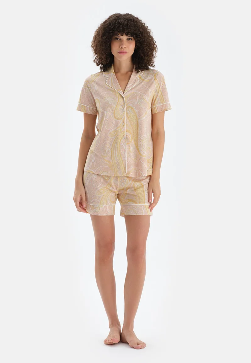 dagi Mid Rise Orange Spread Collar Cotton Blend Shirt & Shorts Nightwear Set