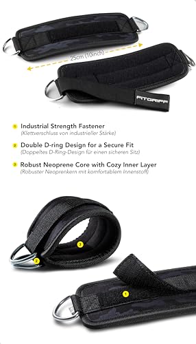 Fitgriff® Ankle Straps V1 for Cable Machine (2 Pieces) - Gym Workout Equipment - Leg Pulley Attachment, Kickback Straps (Camo-Black) - Image 3