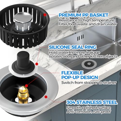 zaa Kitchen Sink Drain Strainer - 3Pack Sink Stopper, Drain Protector, Kitchen Drain Plug & Sink Installation Parts with Anti-Clogging Basket, Fit US Standard 3-1/2'' Sink Drain Hole, Black - Image 5