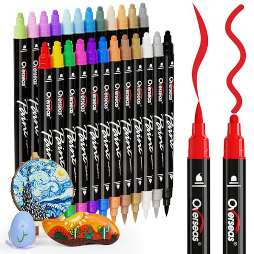 Overseas 24 DualTip Acrylic Paint Markers Pens Acrylic Paint Pens with Brush and Dot Tip No Bleeding Coloring Marker for Wood Rock Glass Metal Ceramic Plastic Fabric Teacher Supplies