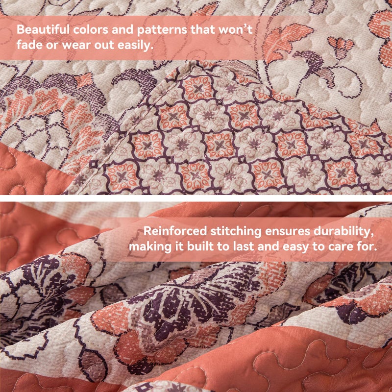 BEITE FIBER Bohemian Queen Size Quilt Comforter Sets 3 Pieces Quilts (1 Quilt, 2 Pillow Shams) Nordic Bedding Set Printed Coverlet with Pillowcase Lightweight Bedspread Set for All Seasons(Pink) - Image 2